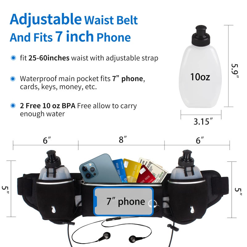 PYFK Running Belt with Water Bottles, Hydration Belt for Men and Women, Water Bottle Holder Running Pouch Water Belt, Fanny Pack Fits 7 inches Phones, Waist pack for Runner Jogging (Black Reflective) - Image 3